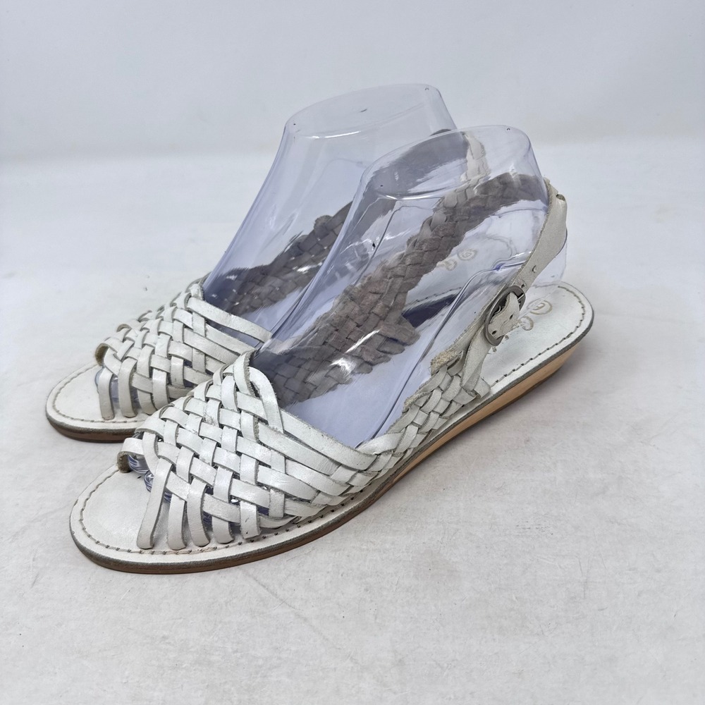 Vintage Genuine Leather White Woven Huarache Sandals Size 9 Boho Summer Strappy